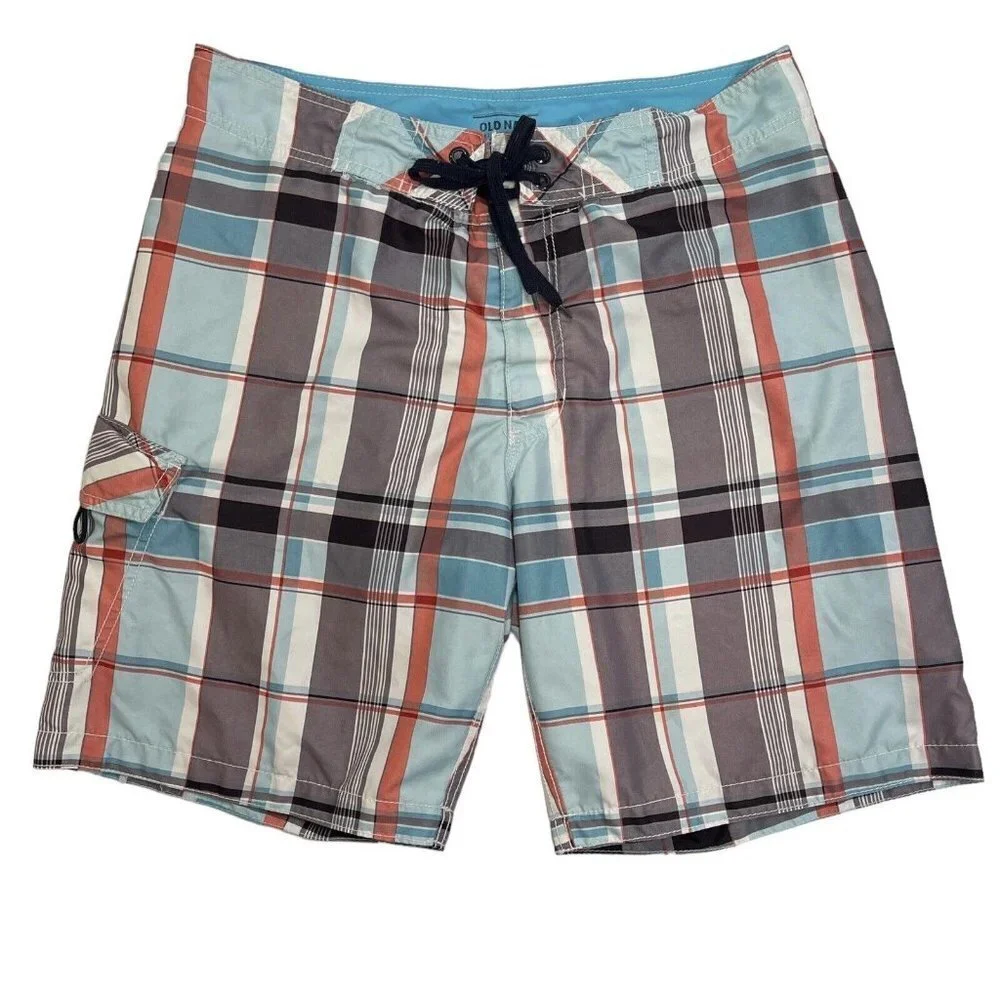 Vintage OLD NAVY Men's Plaid Swim Trunks Board Shorts Size Medium Grey Blue Pckt